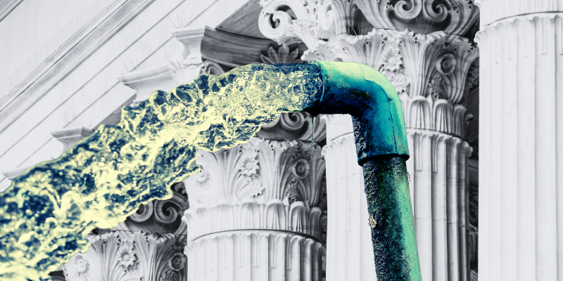 Pipe with flowing water in front of classical columns, symbolizing the recurring flow of annual recurring revenue.