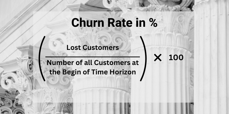 Churn rate formula (in %: (lost customers/number of all customers at the begin of time horizon) * 100) for tech sales strategies and sales methodologies analysis.