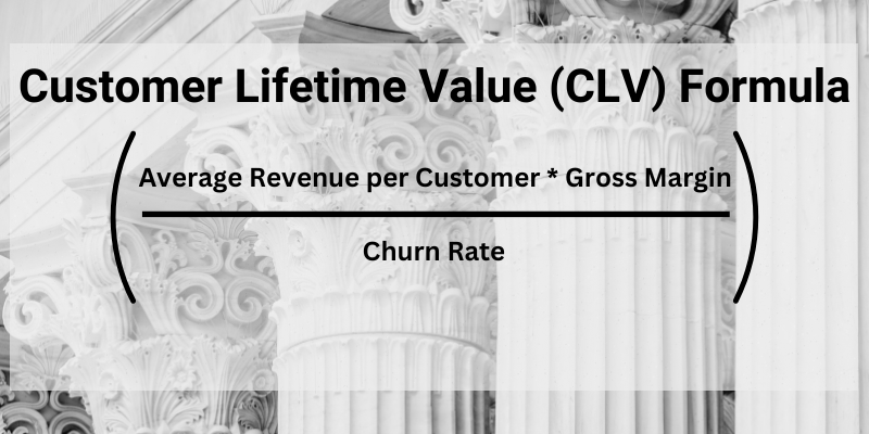 The picture shows the formula of how the CLV is calculated: (Average Revenue per Customer * Gross Margin) / Churn Rate