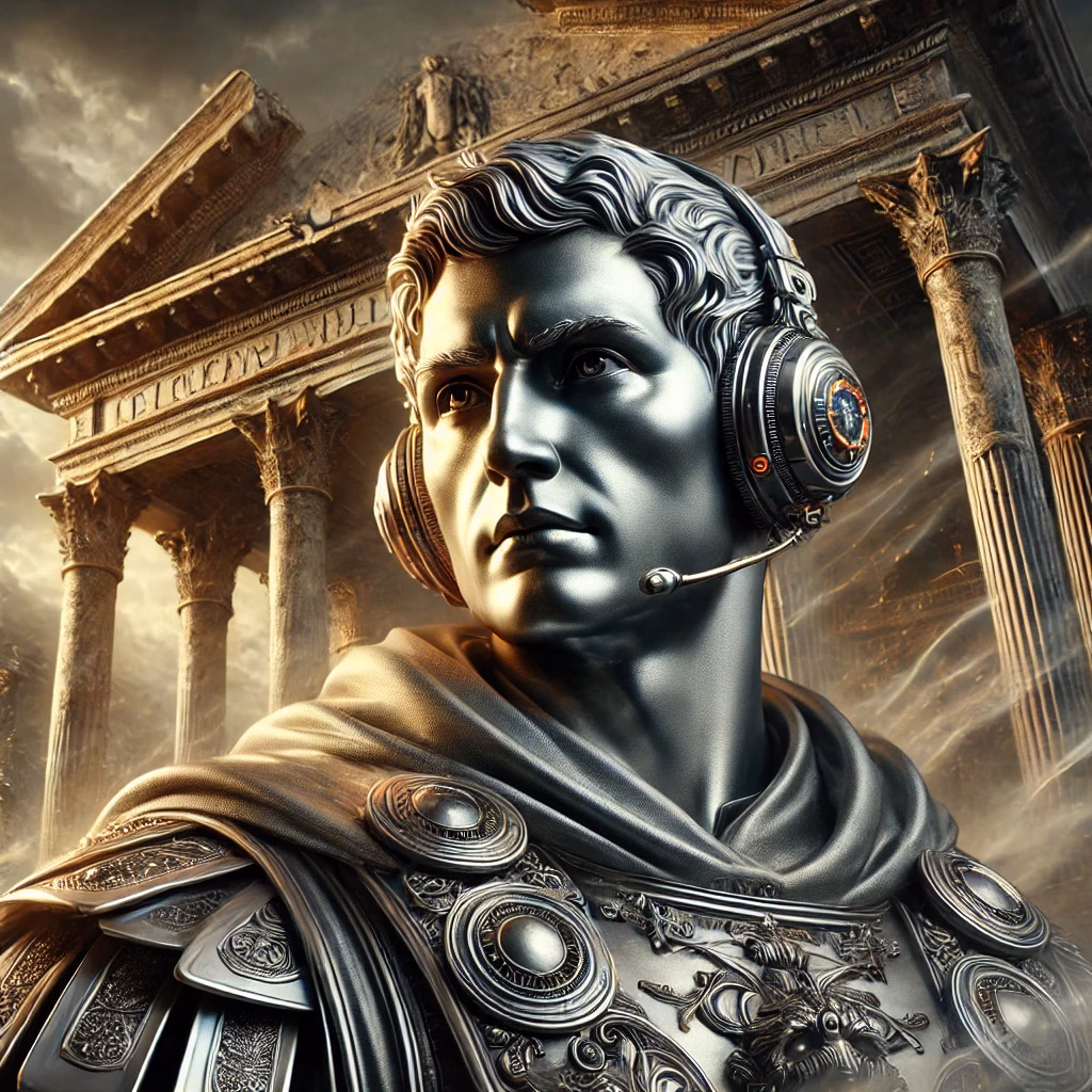 Bust of a Roman figure wearing a modern headset, symbolizing the fusion of timeless discipline and modern tech sales.